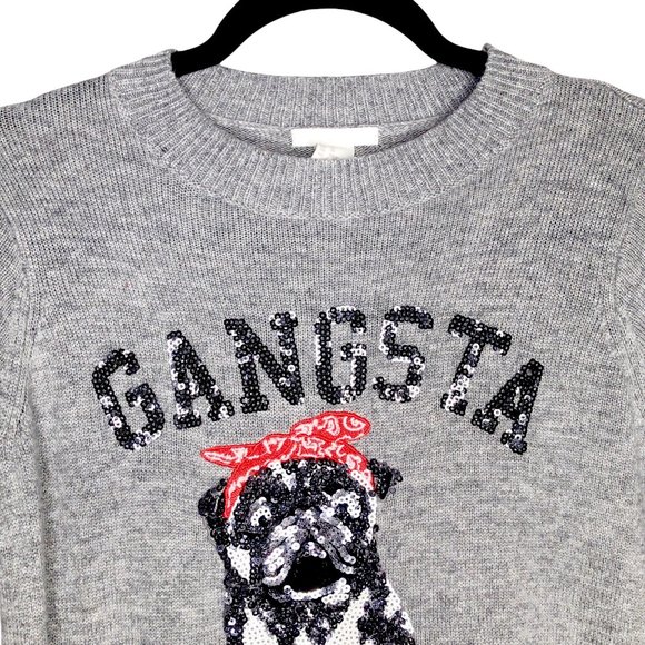 H&M Gangsta Wrapper Sweater Gray Sequin Embellished Long Sleeve Pug Knit Top XS - Picture 5 of 7